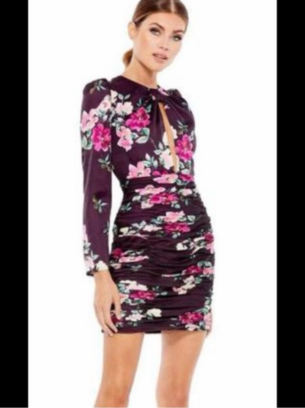 Mac Duggal Ieena Plum Floral Ruched Long Sleeve Cocktail Dress Medium M